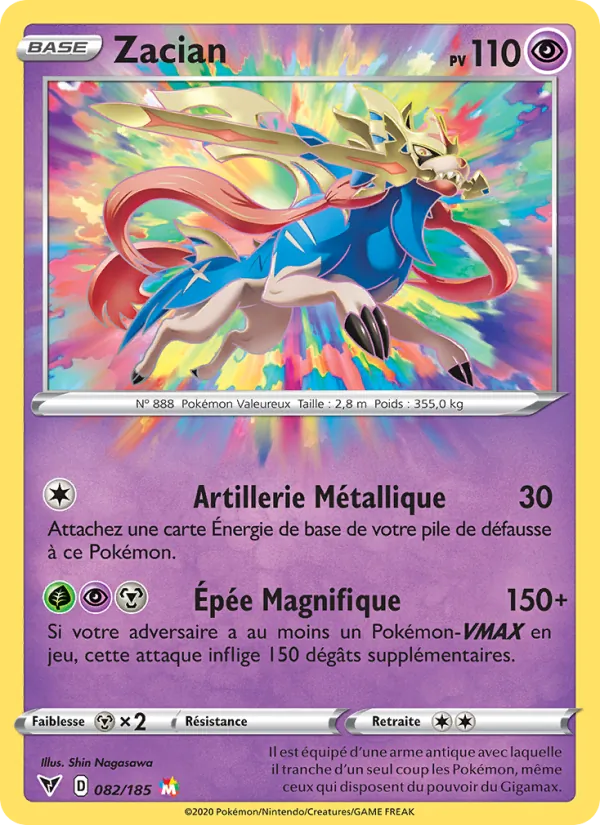 Carte Pokémon Zacian 82/185 de l'extension Voltage Éclatant