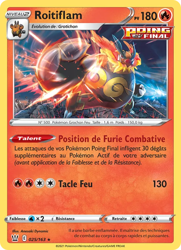 Carte Pokémon Roitiflam 25/163 de l'extension Styles de combat