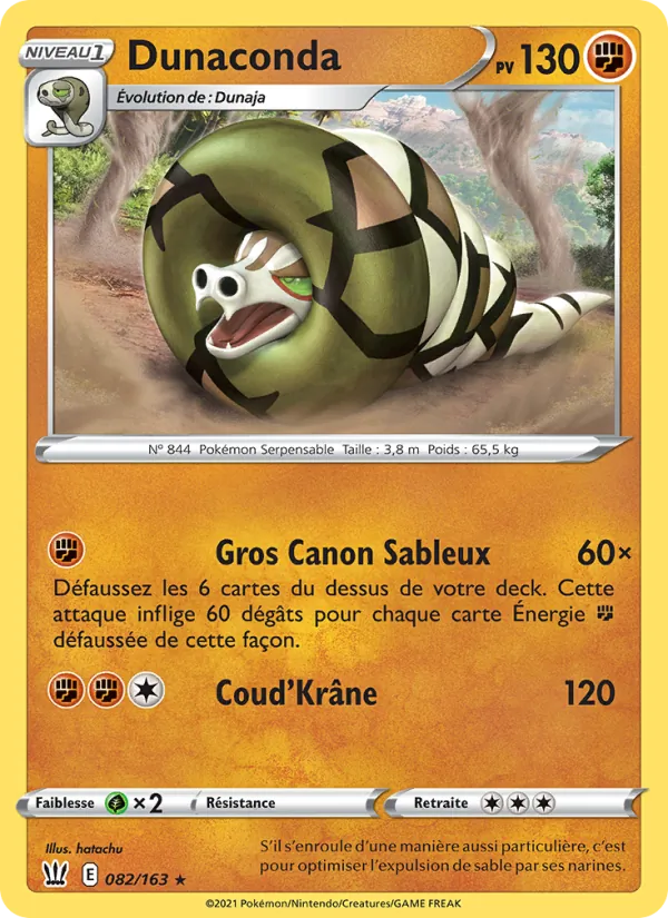 Carte Pokémon Dunaconda 82/163 de l'extension Styles de combat