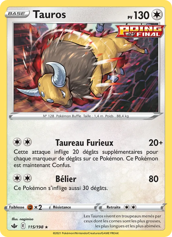 Carte Pokémon Tauros 115/198 de l'extension Règne de Glace