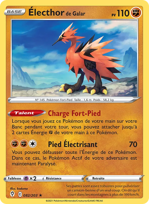 Carte Pokémon Électhor de Galar 82/203 de l'extension Évolution Céleste