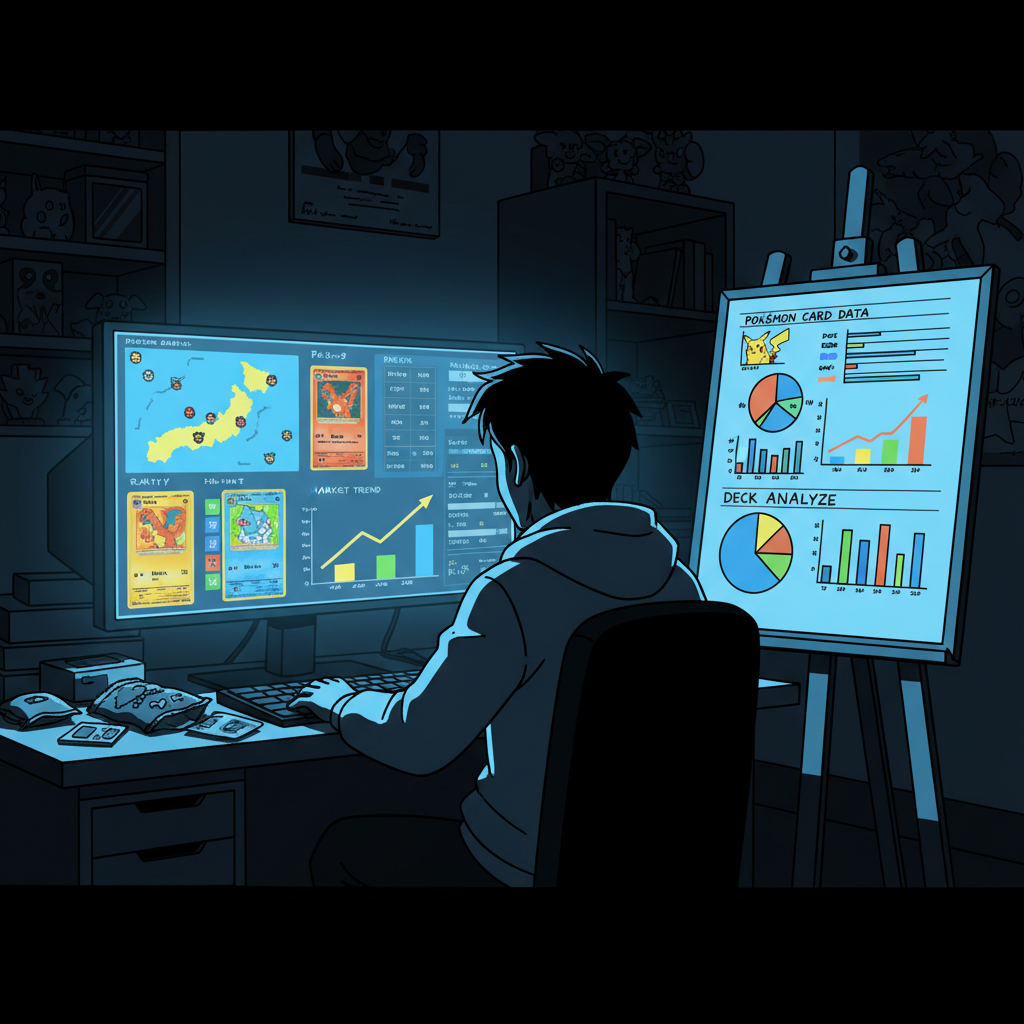 Calculatrice et cartes Pokémon disposées sur un bureau, symbolisant l'analyse financière dans le commerce de cartes