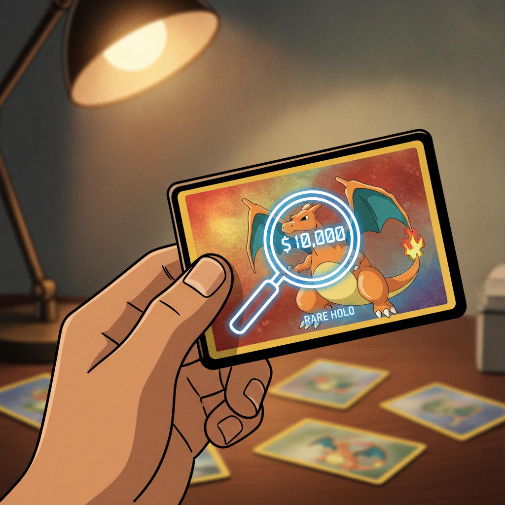 Vue aérienne d'un assortiment de cartes Pokémon, certaines brillantes et rares, disposées sur une surface sombre, symbolisant des opportunités d'investissement.