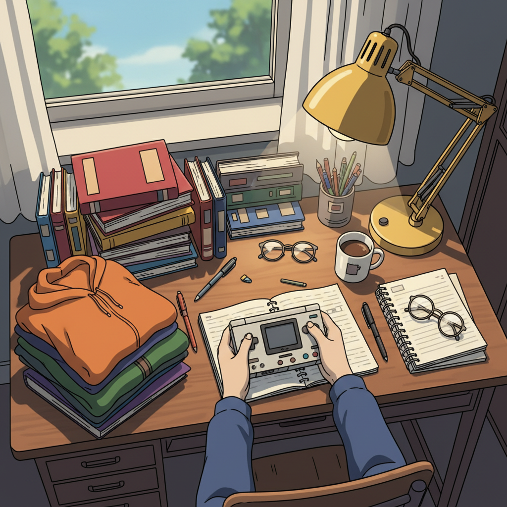 Mains tenant une calculatrice devant une pile d'objets divers prêts à être vendus