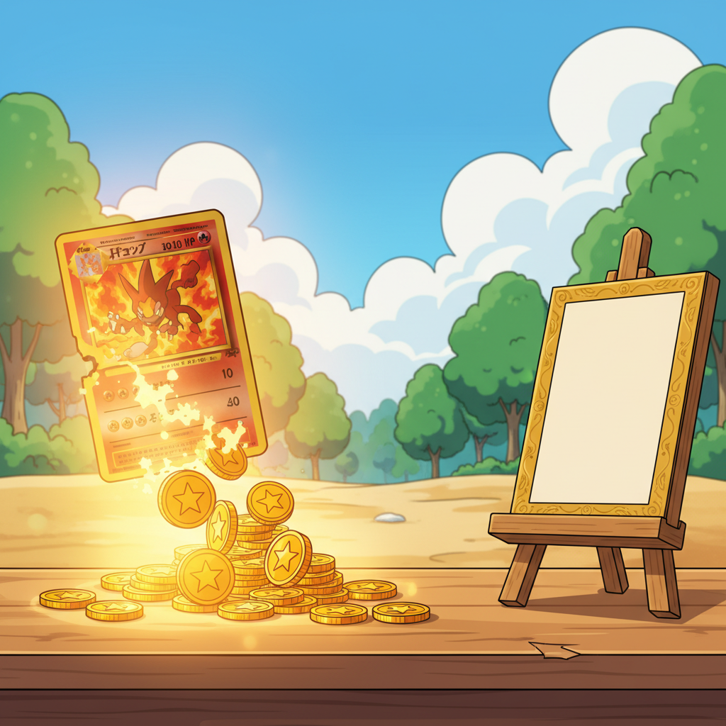 Collection organisée de cartes Pokémon disposées en éventail sur un bureau professionnel avec calculatrice et graphiques