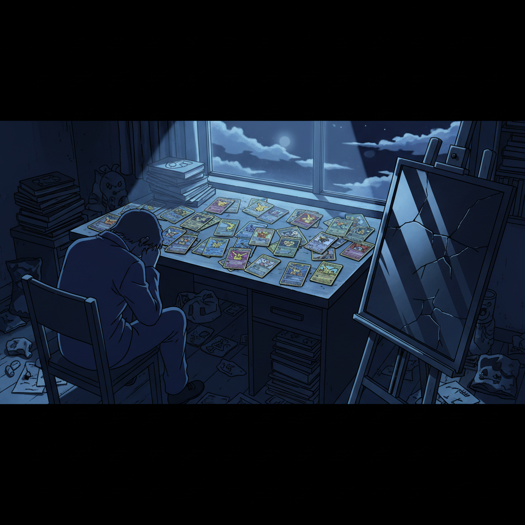 Bureau d'expert financier avec calculatrice, graphiques de performance et cartes Pokémon organisées par catégories de valeur